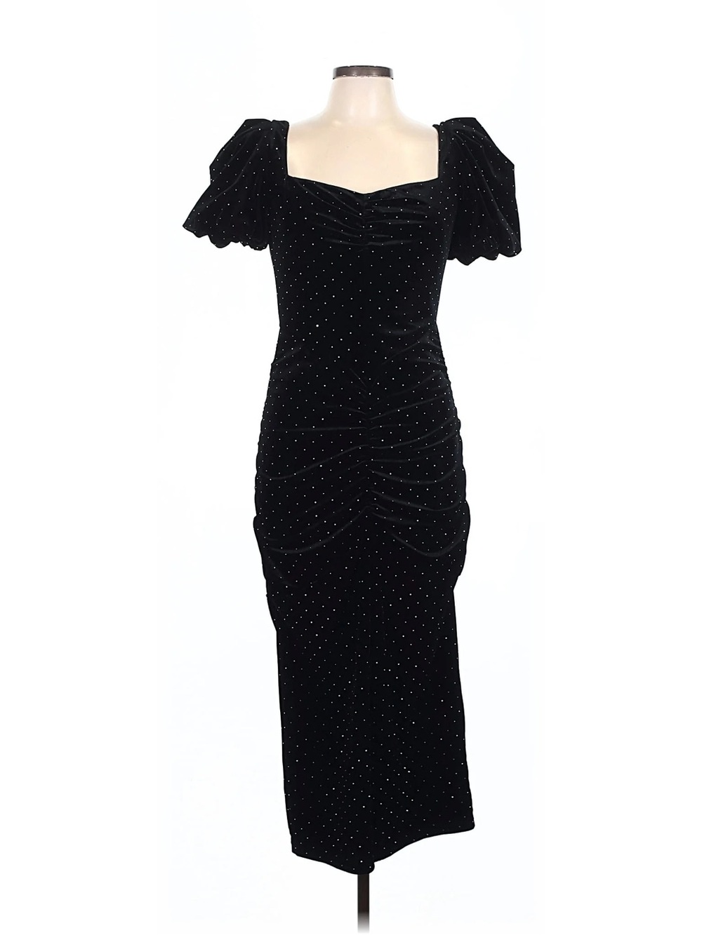 NWT o.p.t. Large Black Velvet Midi Dress with Puff Sleeves and Rhinestone Detail